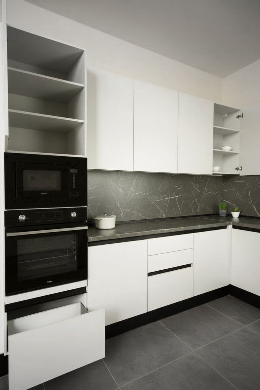 Кухонный гарнитур угловой КС-01, Светло-серый, 300х180 см. без столешницы/стеновой панели