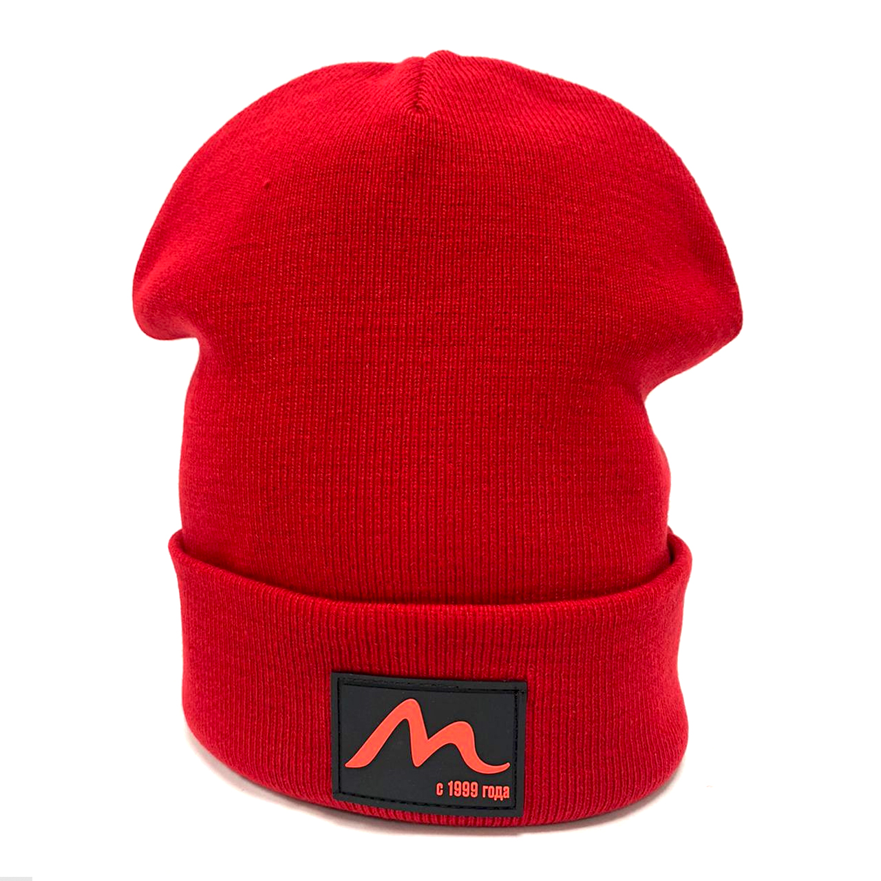 Шапка вязаная красная с отворотом