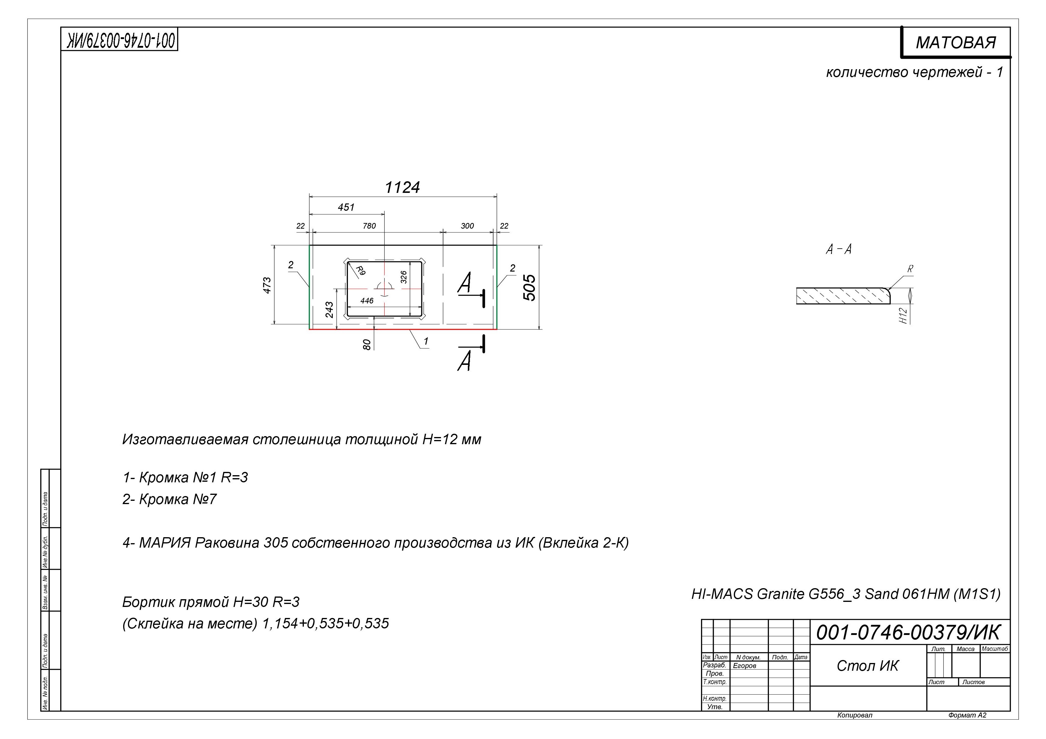 Столешница из ИК с раковиной 1.127х0.502 (Н=15)